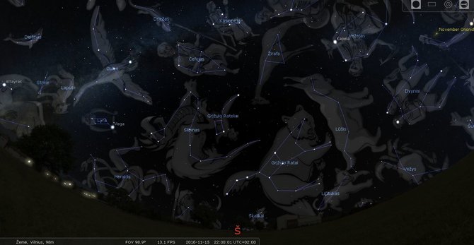 Lietuvos etnokosmologijos muziejaus arch. nuotr./Nr.2. Siaurinio skliauto zvaigzdynai lapkricio 15 d. 22 val._STELLARIUM programos simuliacija