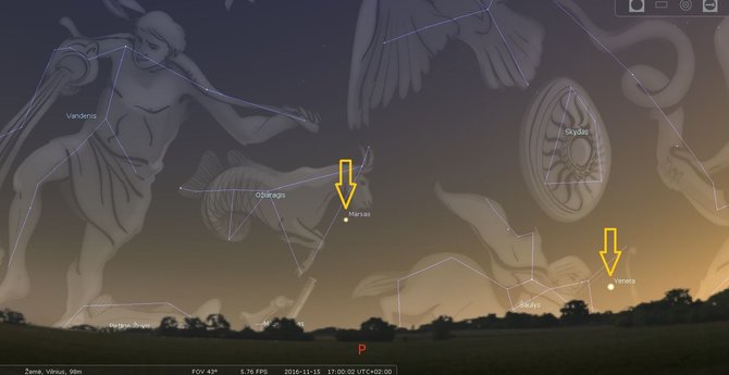 Lietuvos etnokosmologijos muziejaus arch. nuotr./Nr.6. Marsas ir Venera (pazymeti rodyklemis) pietineje dangaus dalyje lapkricio 15 d. 17 val., Saturnas jau nusileides_STELLARIUM programos simuliacija