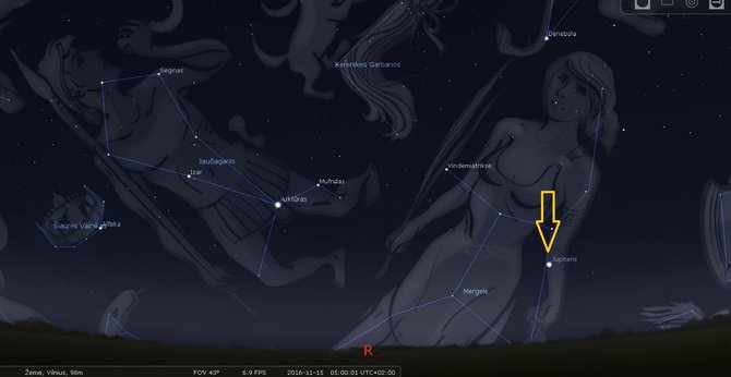 Lietuvos etnokosmologijos muziejaus arch. nuotr./Nr.7. Jupiteris (pazymetas rodykle) rytineje skliauto dalyje lapkricio 15 d. 5 val._STELLARIUM programos simuliacija