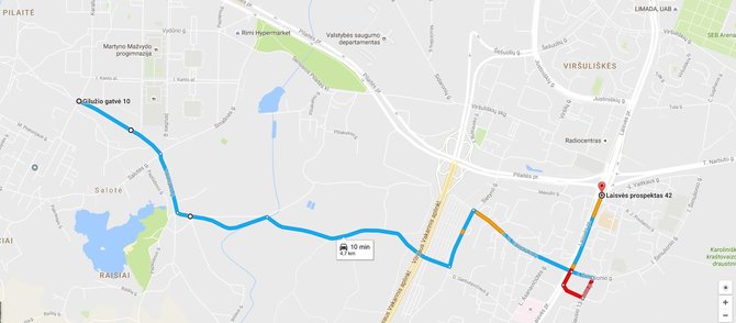 Google Maps iliustr./Užsikimšęs Pilaitės pr. apvažiuojamas vieškeliu ir per Karoliniškių parką einančiu keliu
