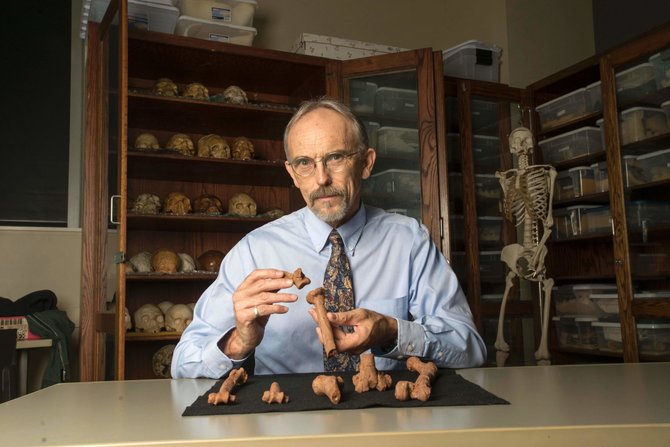 AFP/„Scanpix“ nuotr./Paleoantropologas Johnas Kappelmanas su australopitekės Lucy skeleto 3D kopija