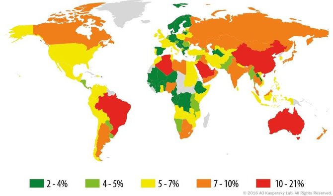 „Kaspersky Lab“ iliustr./SPAM atakų geografija