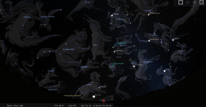 LEM iliustr./Lietuvos rytinio skliauto žvaigždynai sausio 15 d. 21 val./STELLARIUM programos simuliacija