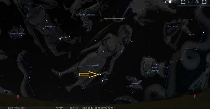 LEM iliustr./Jupiteris pietrytiniame Lietuvos skliaute sausio 15 d. 3 val./STELLARIUM programos simuliacija