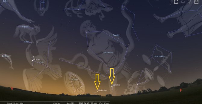 LEM iliustr./Saturnas ir Merkurijus pietrytiniame Lietuvos skliaute sausio 15 d. brėkštant – apie 7.30 val./STELLARIUM programos simuliacija