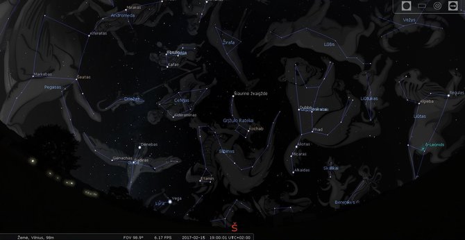 LEM iliustr./Lietuvos šiaurinio skliauto žvaigždynai vasario mėn. 15 d. 19 val./Stellarium programos simuliacija