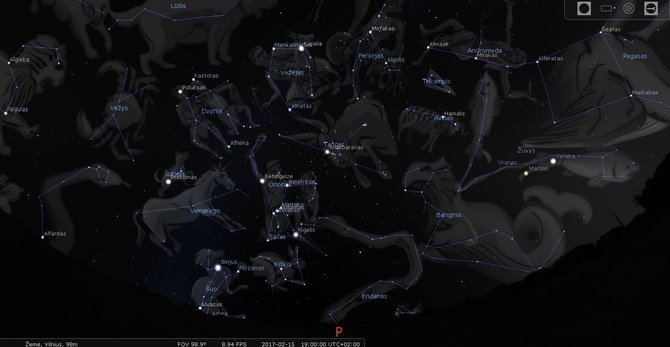 LEM iliustr./Lietuvos pietinio skliauto žvaigždynai vasario mėn. 15 d. 19 val./Stellarium programos simuliacija
