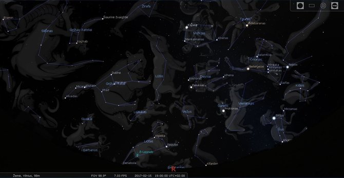 LEM iliustr./Lietuvos rytinio skliauto žvaigždynai vasario mėn. 15 d. 19 val./Stellarium programos simuliacija