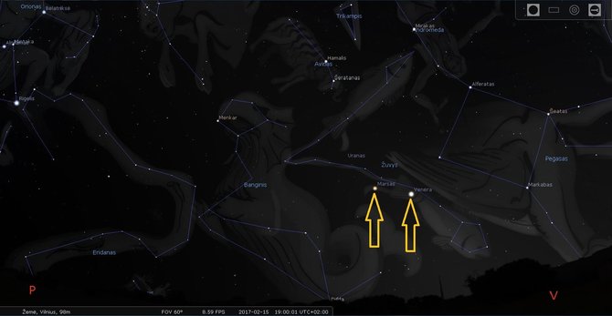 LEM iliustr./Venera ir Marsas pietvakariniame Lietuvos skliaute vasario mėn. 15 d. 19 val./Stellarium programos simuliacija