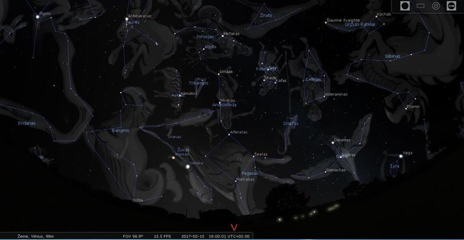 LEM iliustr./Lietuvos vakarinio skliauto žvaigždynai vasario mėn. 15 d. 19 val./Stellarium programos simuliacija