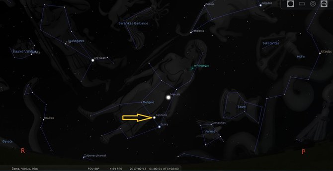 LEM iliustr./Jupiteris pietrytiniame Lietuvos skliaute vasario mėn. 15 d. 1 val. nakties./Stellarium programos simuliacija