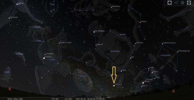 LEM iliustr./Saturnas pietrytiniame Lietuvos skliaute vasario mėn. 15 d. 6 val. ryto./Stellarium programos simuliacija
