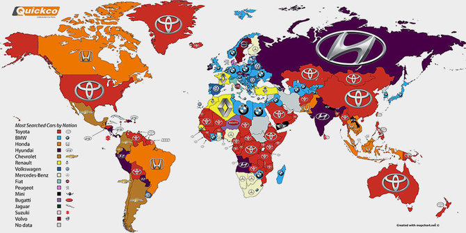 Quickco iliustr./Populiariausi automobilių gamintojai 2016 m. pagal paieškas internete