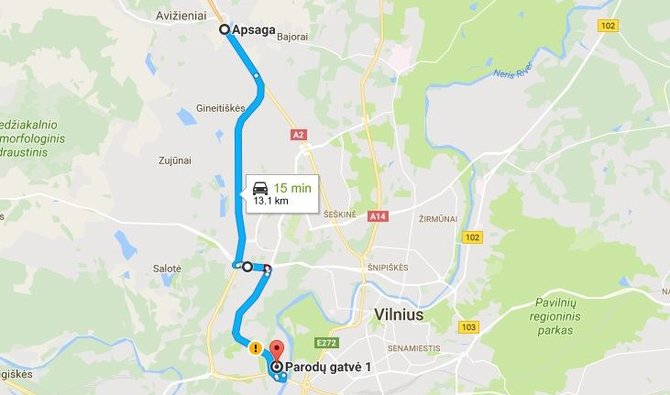 Google Maps iliustr./Maršrutas Vilniaus vakariniu aplinkkeliu