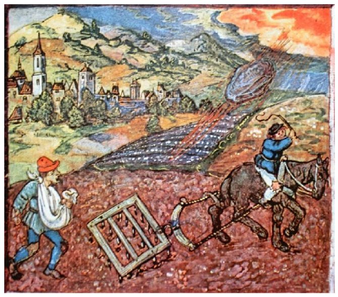 Meteoritai visais laikais ir stebino, ir glumino. 1513 m. piešinyje vaizduojamas visoje Europoje išgarsėjęs Ensisheimo meteorito kritimas. Šaltinis: www.bibliotecapleyades.net