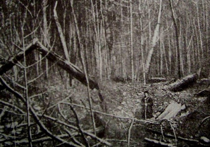 Šioje 1947 m. nuotraukoje – ekspedicijos dalyvis prie vieno iš Sichote-Alinio meteorito taigoje palikto smūginio kraterio, kurių čia buvo aptikta virš šimto. Šaltinis: www.meteorit.ru