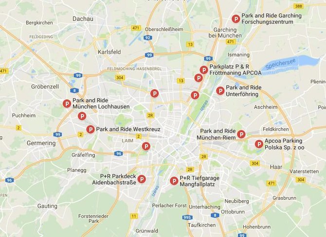 Google Maps iliustr./Miuncheno „Park&Ride“ (Statyk ir važiuok) aikštelių schema