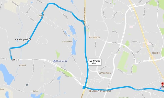 Google Maps iliustr./Žilvino maršrutas per Zujūnų g.