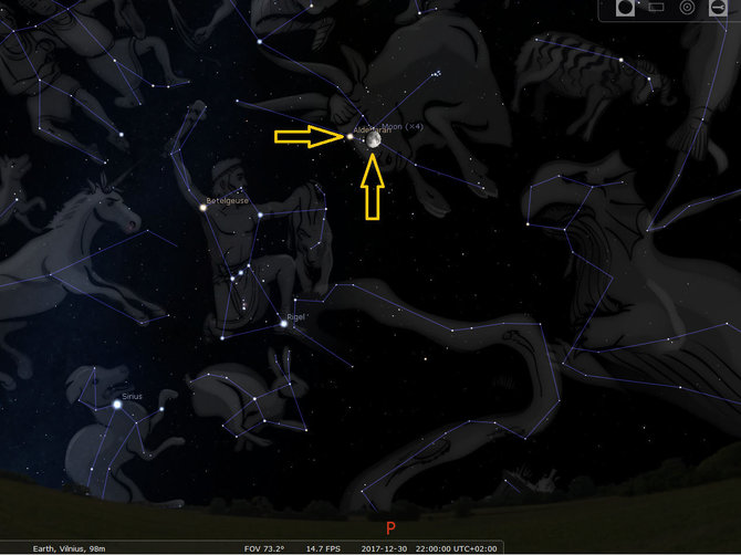 Mėnulio ir Aldebarano suartėjimas gruodžio 30-osios vakarą. STELLARIUM programos simuliacija. Iliustracijos šaltinis: Lietuvos etnokosmologijos muziejaus iliustracijų archyvas.