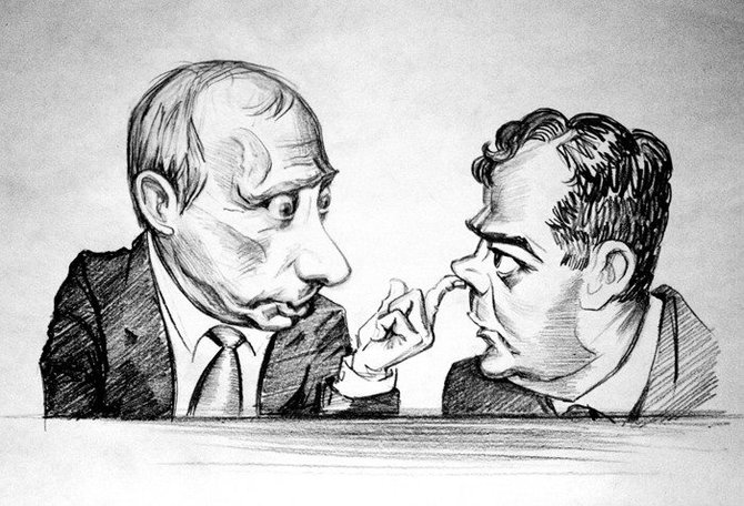 Deniso Lopatino karikatūra/Vladimiro Putino ir Dmitrijaus Medvedevo karikatūra