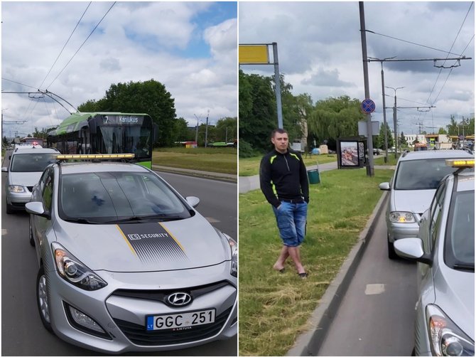 Įvykio liudininko nuotr./Įvykio vietoje: sulaikyti, kaip pagrįstai įtarta, girtą VW vairuotoją (nuotr.) policijai padėjo saugos tarnybos „ES security“ darbuotojas.