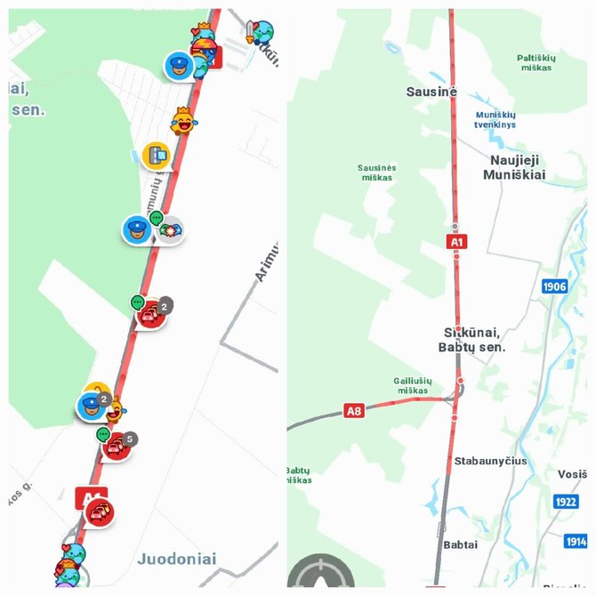 Atvaizdai iš „Waze“ programėlės/Spūstis įvykio vietoje