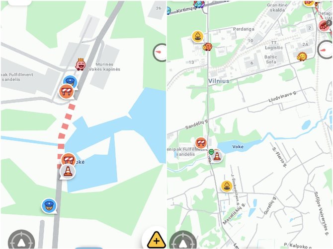 Atvaizdai iš „Waze“ programėlės/Policijos blokpostas abiejuose tilto pusėse