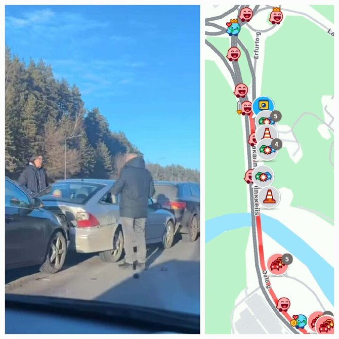 Atvaizdas iš „Waze“ programėlės ir FB grupės „Reidas Vilniuje“/Spūstys įvykio vietoje