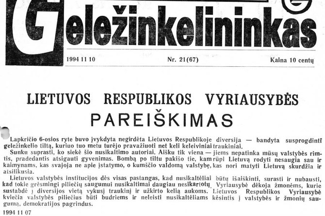 „Lietuvos geležinkelių“ archyvo nuotr./Vyriausybės pareiškimas po Bražuolės tilto sprogdinimo