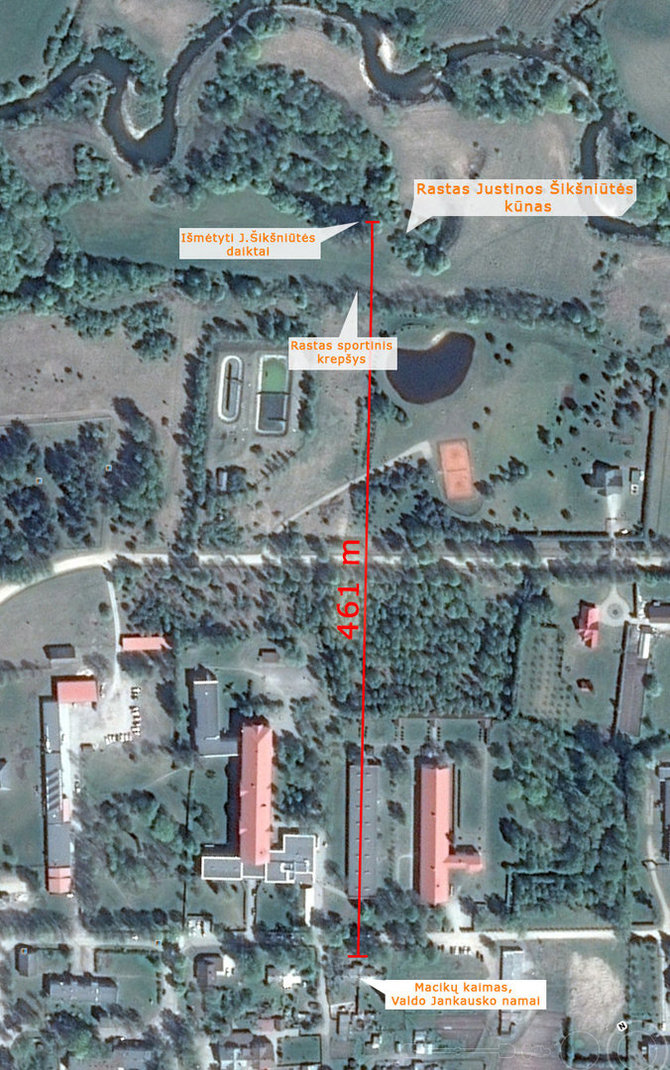 „Google Maps“/15min.lt fotomontažas/Vietos, kur aptiktas J.Šikšniūtės kūnas ir daiktai