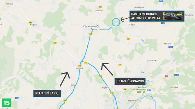 15min/Google maps iliustracija/Schema, kaip dingusios merginos automobilis galėjo atsidurti miške prie Žeimių