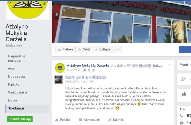 „Facebook“ atvaizdas/pranešimu feisbuke pasidalijo ir Vilniaus „Atžalyno“ mokyklos darželio administracija.