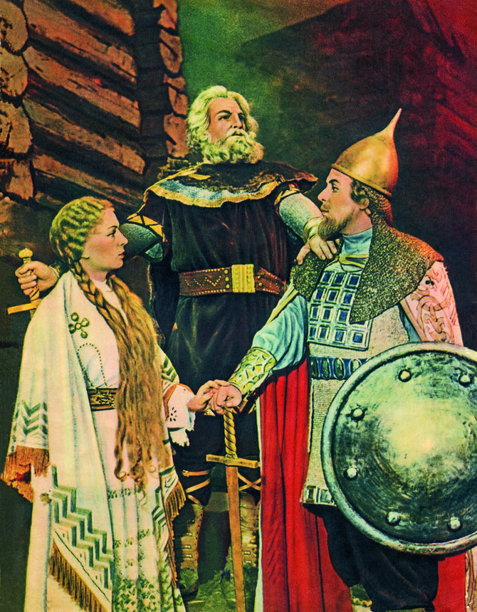 Nacionalinės bibliotekos ir Klovų šeimos archyvo nuotr./Scena iš operos „Pilėnai“: Eglė – Elena Saulevičiūtė, Margiris (viduryje) – Jonas Stasiūnas, Danyla – Valentinas Adamkevičius, 1956.