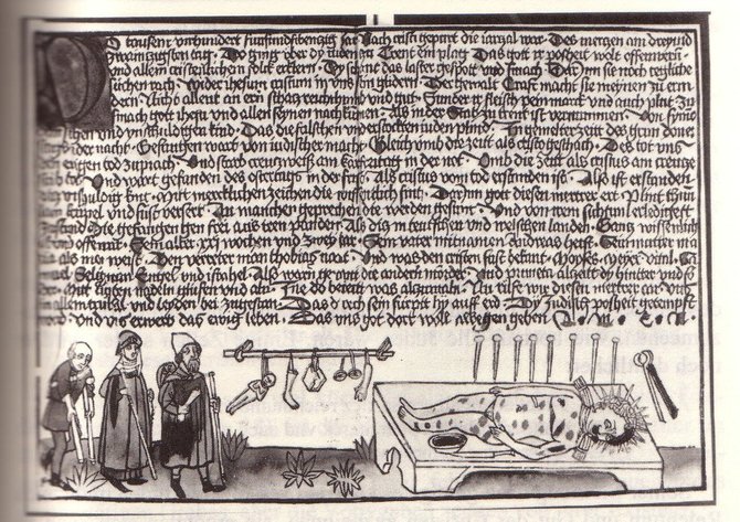 Šv. Simono iš Trento nukankintas kūnas. Friedrich Creussne rgraviūra Niurnbergas, apie 1475 m., CC BY