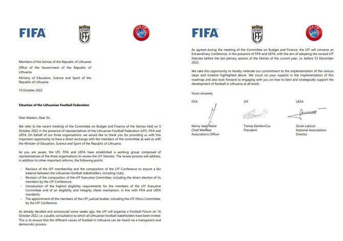 LFF nuotr./LFF, FIFA ir UEFA laiškas