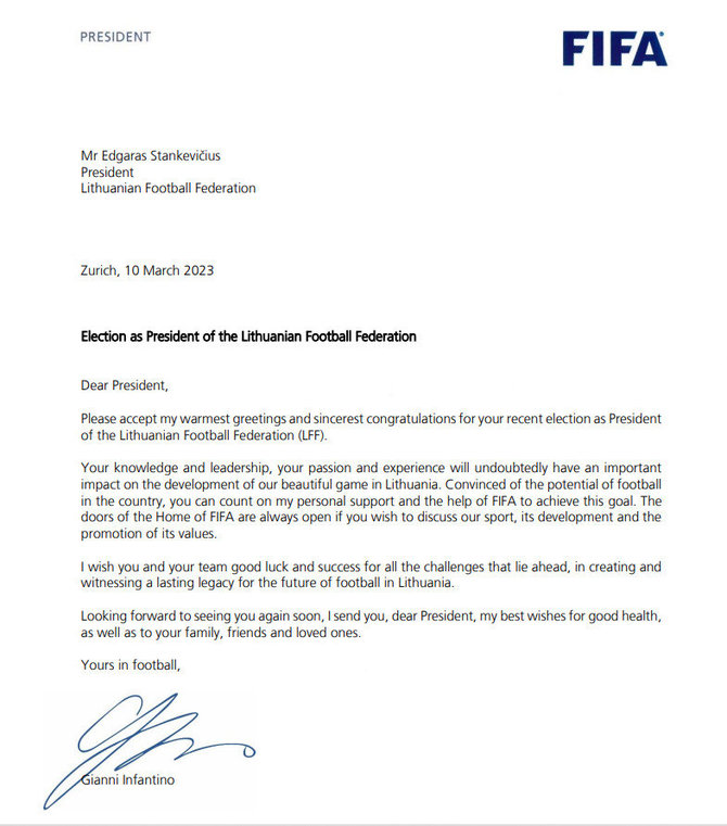 LFF nuotr./FIFA prezidento Gianni Infantino laiškas