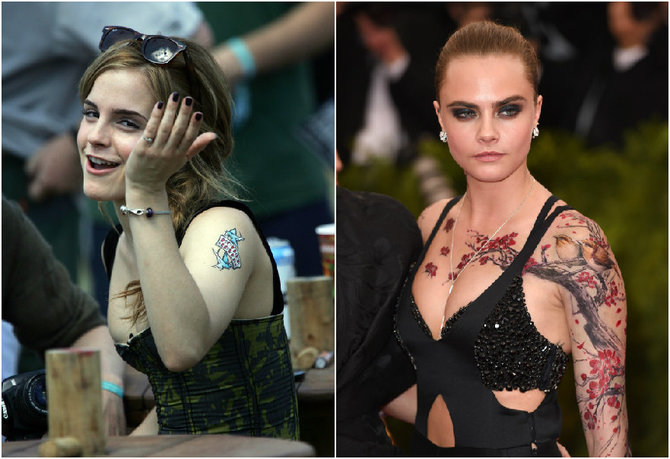 Vida Press nuotr./Laikinomis tatuiruotėmis pasidabinusios Kirsten Stewart ir Cara Delevingne