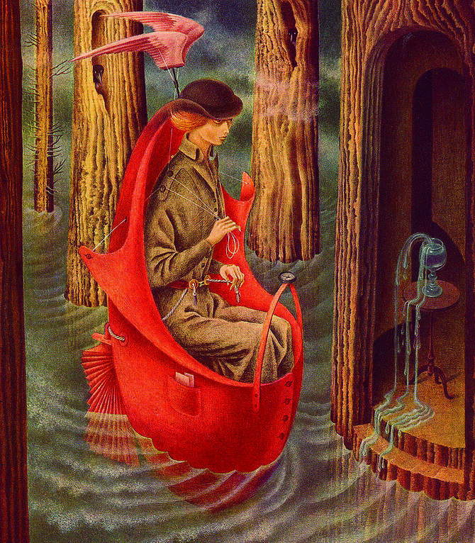 Remedios Varo paveikslas TYRINĖJANT ORINOKO UPĖS AUKŠTUPĮ. 1959