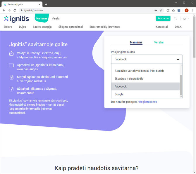 Kompiuterio ekrano nuotr./„Ignitis“ savitarna ir prisijungimo būdai