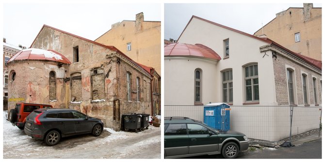 J.Kalinsko, V.Balkūno nuotr./ 15min koliažas/Tada ir dabar: Gėlių sinagoga 2015 m. ir 2020 m. 