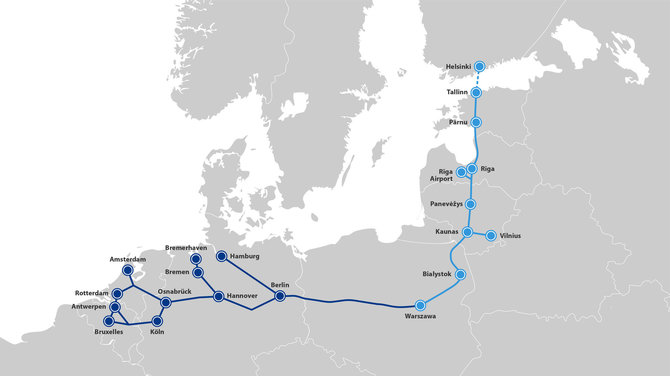 Projekto vizualizacijos/„Rail Baltica“ vėžė sujuns Baltijos šalis, Lenkiją ir Suomiją