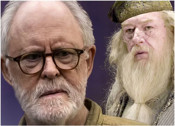 „SreenRant“ nuotr./John Lithgow (kairėje) ir 2021 m. filme Dumbldorą įkūnijęs a.a. Richardas Harrisas