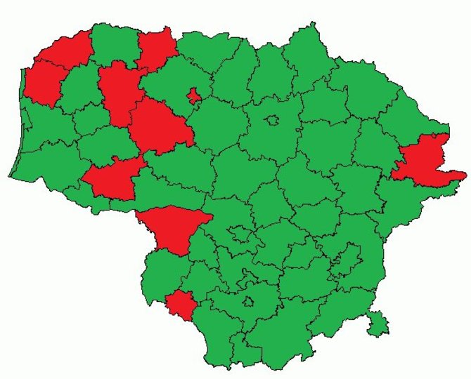 Žalia spalva pažymėtos Lietuvos savivaldybės, kur vykdyti stebėjimai 2013 m. kalėdinio maratono metu.