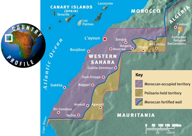 Justino Vancevičiaus nuotr./Vakarų Sacharos konflikto žemėlapis