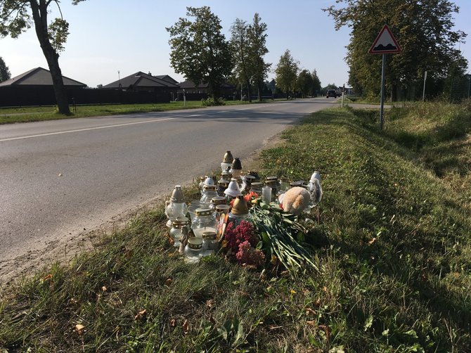 Aurelijos Jašinskienės/15min.lt nuotr./Nelaimės vietą ženklina žvakutės, gėlės ir pliušinis žaislas.