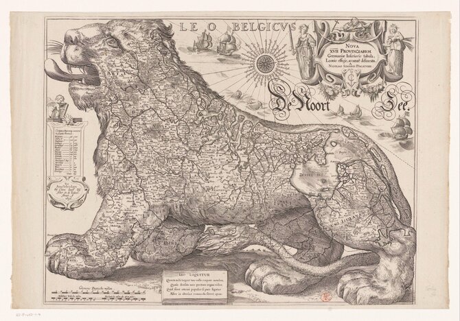  Amsterdamo valstybinis muziejus/ Olandų liūto formos 17-kos Nyderlandų provincijų žemėlapis. Autorius Hessel Gerritsz (1581–1632) ir Claes Jansz. Visscher (1587–1652). 1656 m. 