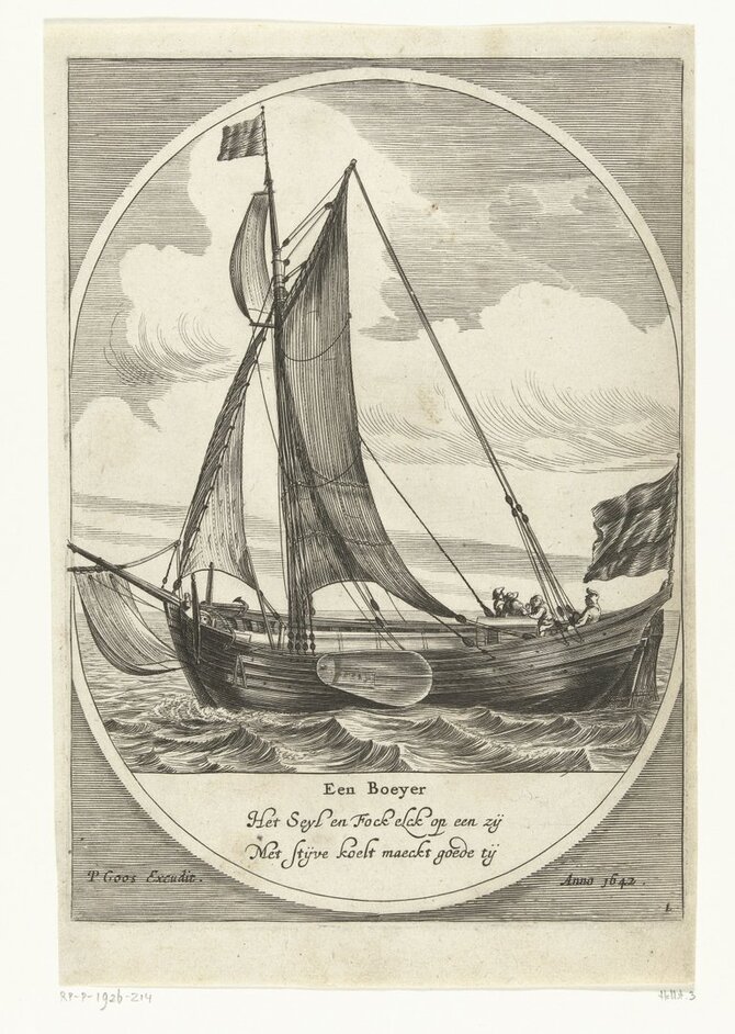 Amsterdamo valstybinis muziejus/Olandų prekybinis laivas (Een Boeyer). Autoriai Dirk Eversen Lons (1600–1686) ir Pieter Goos (1616–1675). 1642 m.