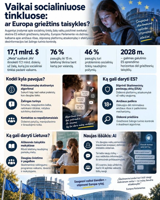 AI infografikas. /Socialinių tinklų poveikis vaikams ir paaugliams tampa vis aštresne diskusijų tema.