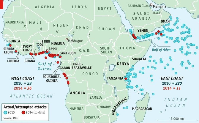 Piratų išpuolių dažnumas rytinėje ir vakarinėje Afrikos pakrantėse.