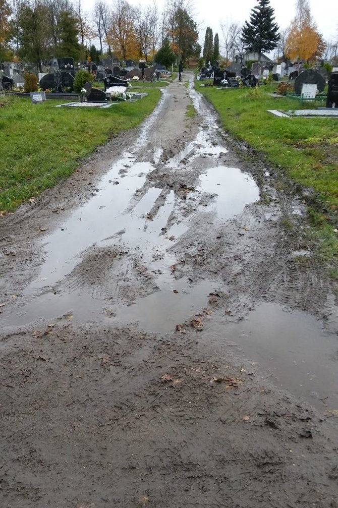 15min skaitytojos nuotr./Klaipėdos Joniškės kapinėse po praūžusių liūčių telkšo balos ir purvynai.